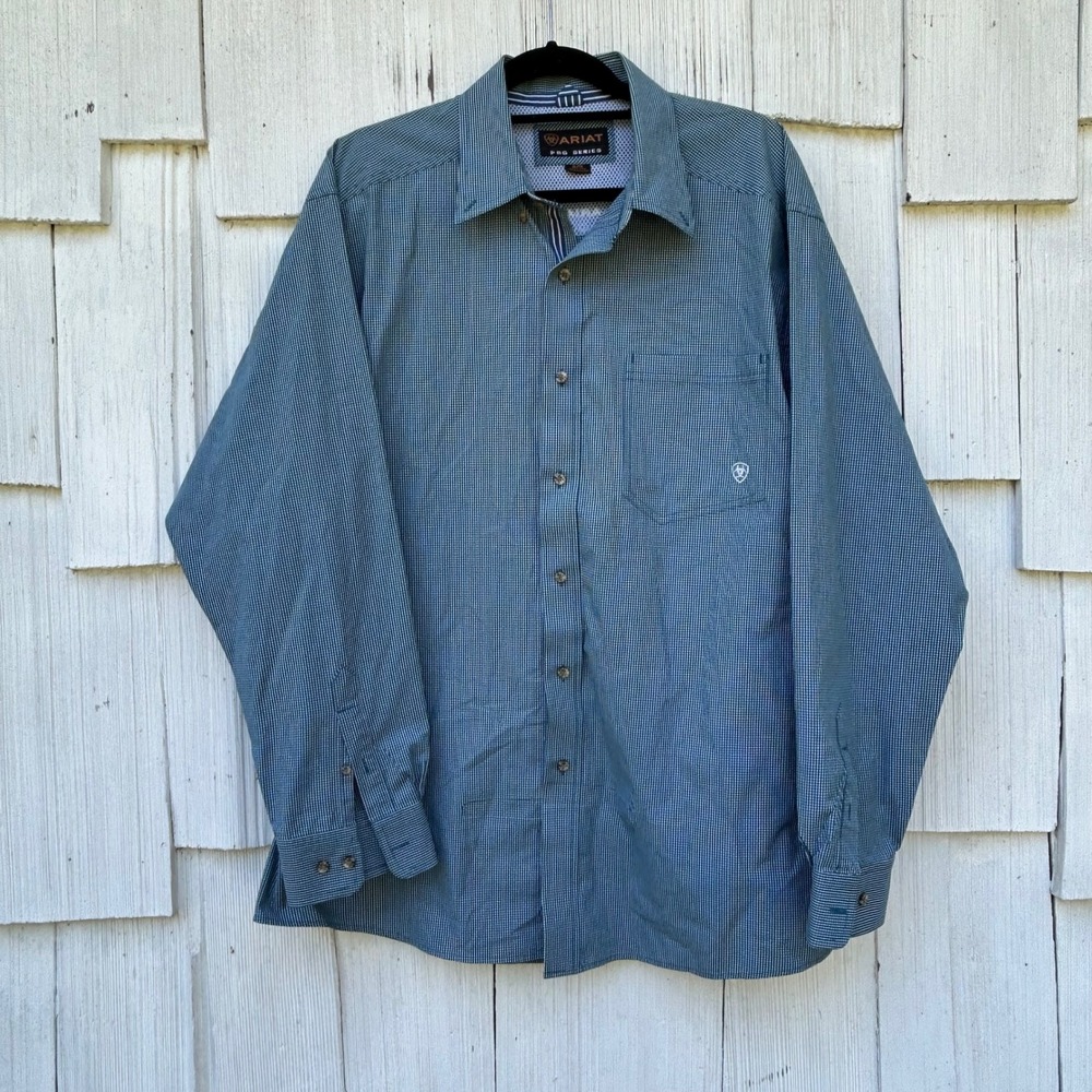 Ariat Pro Series Mens XL Teal Micro Check Long Sleeve Vented Button Down Shirt